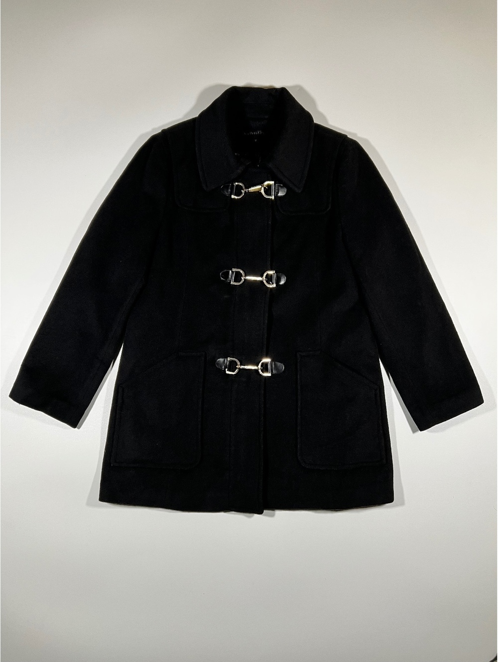 Calvin Klein Wool Coat Size 16 Black Toggle Buckle Winter Jacket